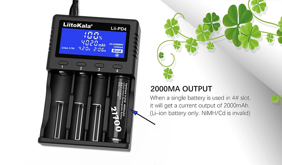 LiitoKala Lii-PD4 AC PD Charger LCD Fast Charging 4-Bay for LiFePO4 3.2V 21700/18650/AA/AAA Multi-Protection Auto-Detect