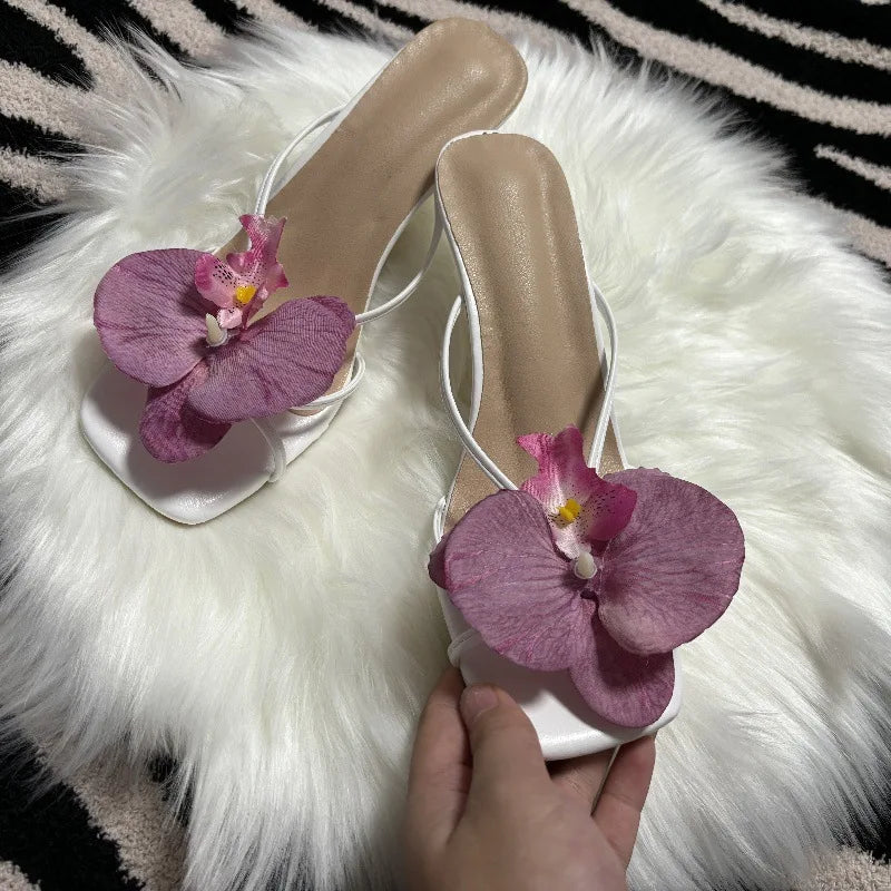 Orchid Flower Summer New High Heeled Women White Pink Blue Purple Floral Heels Square Toe Prom Slipper Slingback Shoes for Women
