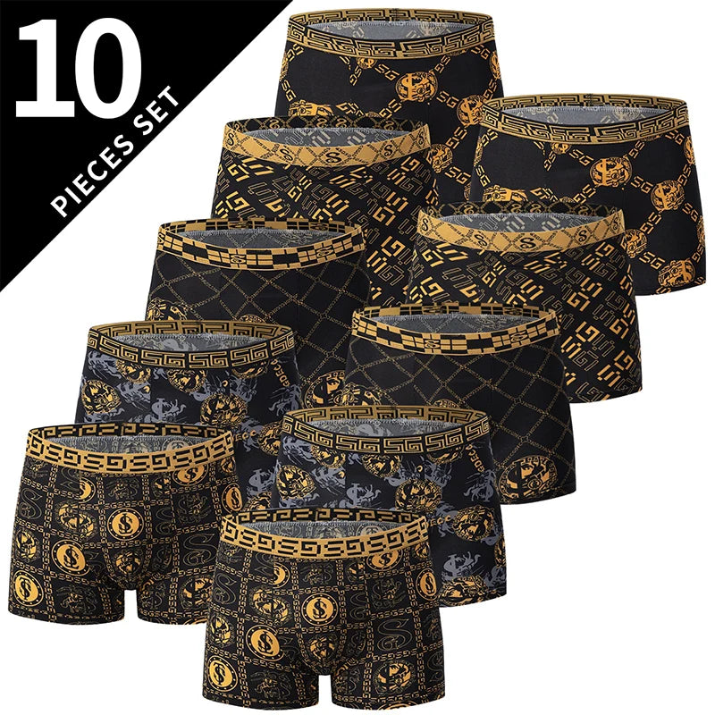Lot de 5/10 boxers pour hommes, imprimé or noir, confortables et polyvalents, grande taille, sexy, pour jeunes hommes, loisirs sportifs, plage
