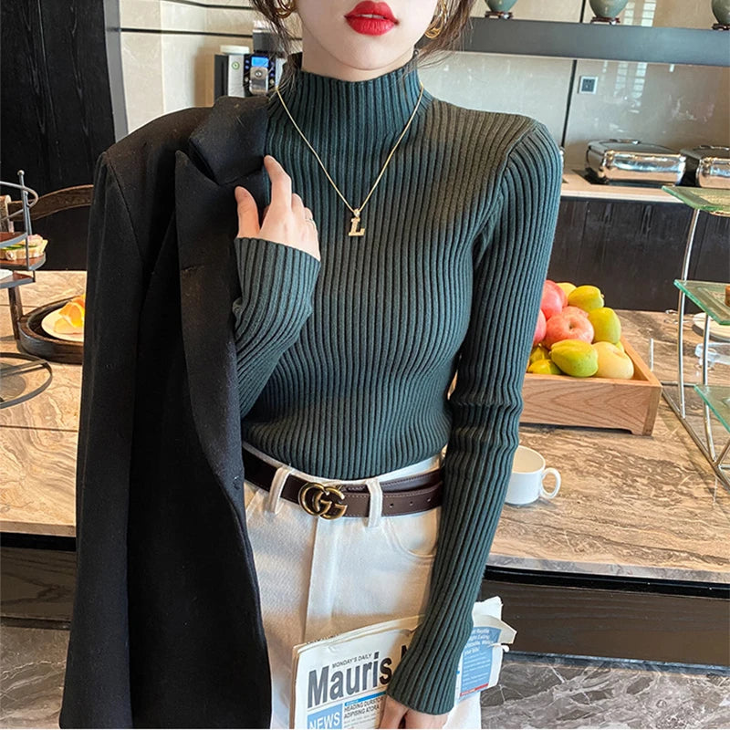 Nouveau pull élégant basique en maille unie pour femme, col roulé, manches longues, décontracté, coupe ajustée, mode simple et chic