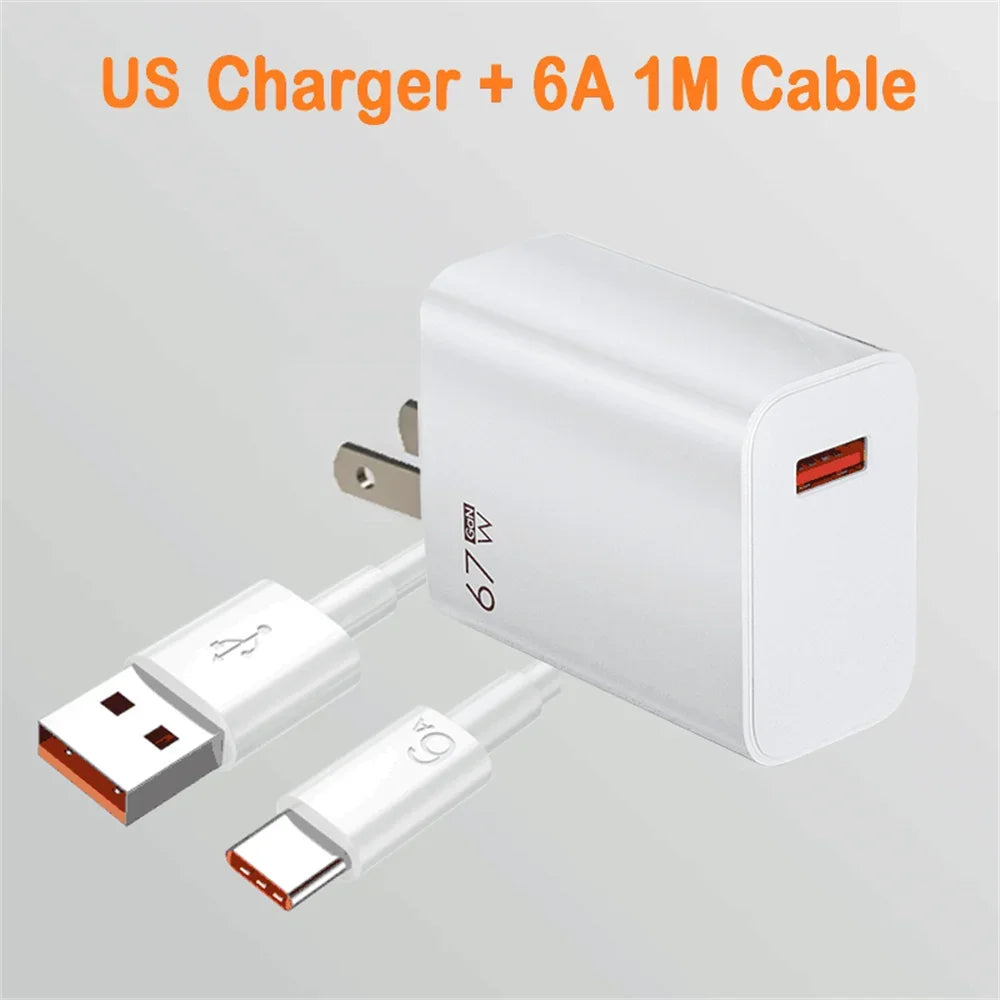 USB GaN Charger Total 67W Fast Charging Wall Phone Adapter 6A USB TypeC Cable Quick Charge 3.0 Plug For iPhone Samsung Xiaomi