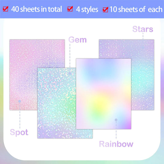 40 Sheets A4 Clear Holographic Cold Lamination Film 8.3×11.7" Self-Adhesive Film 4 Styles Mixed: Diamond, Rainbow, Stars, Dots