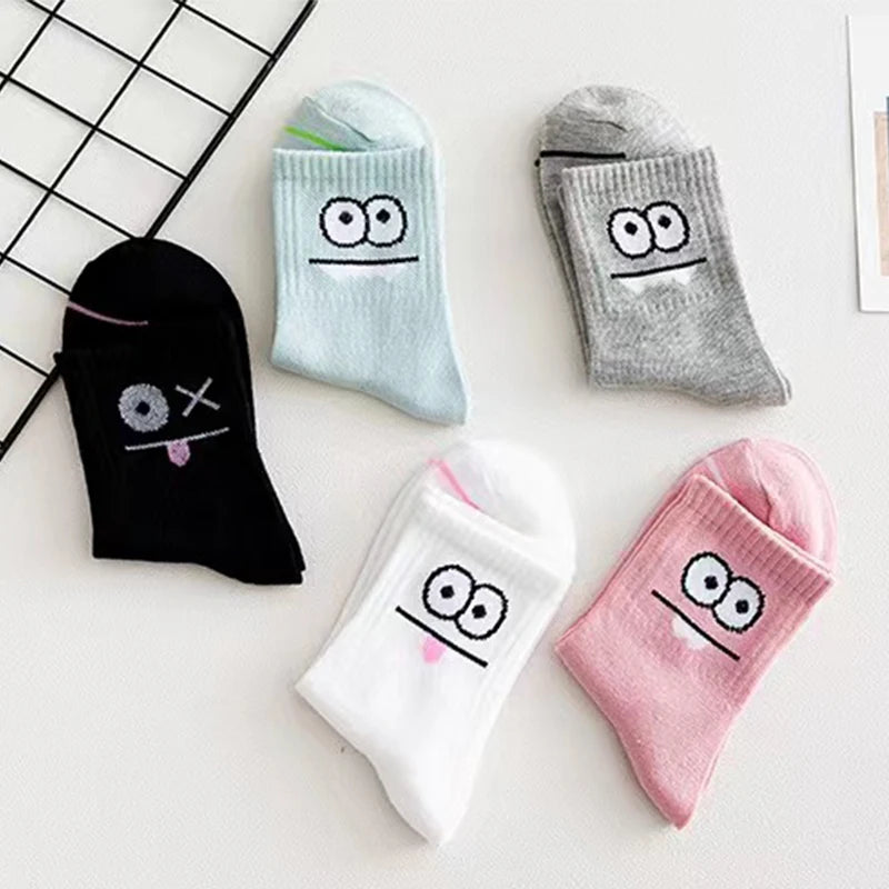 5 Pairs Cute Expression Print Socks – Comfy Funny Mid-Calf Crew Socks, All-Match Women’s Cotton Rich Casual Socks