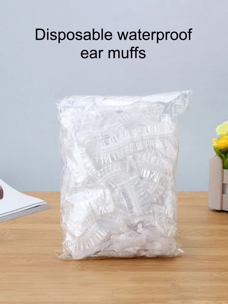 100PCS Disposable Hair Earmuff Dye Transparent Elastic Shower Hair Dye Protection Tool Shield Waterproof Earpack Plastic Wrap