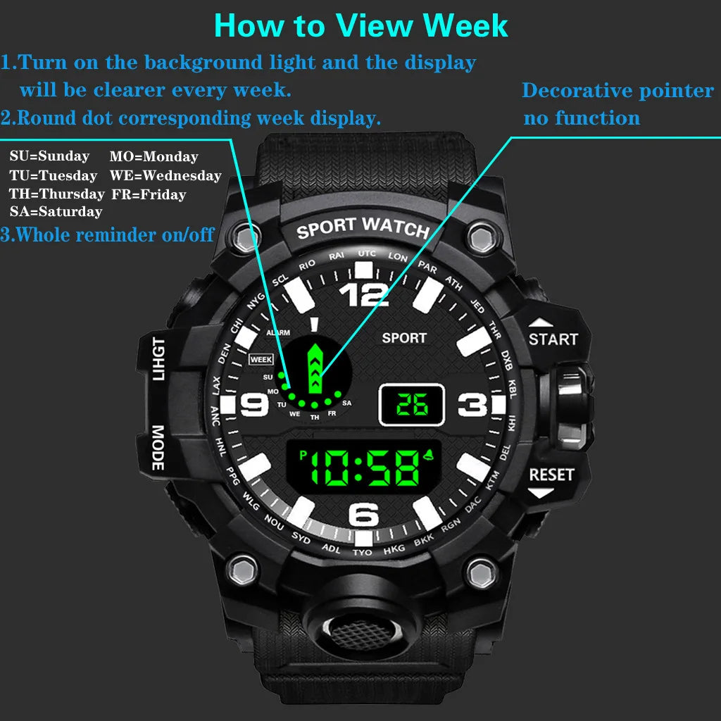Mode Herrenuhr Sportliche elektronische Armbanduhr Großes Zifferblatt Multifunktional Wasserdicht Leuchtend Alarm Kinder Militäruhr für Herren