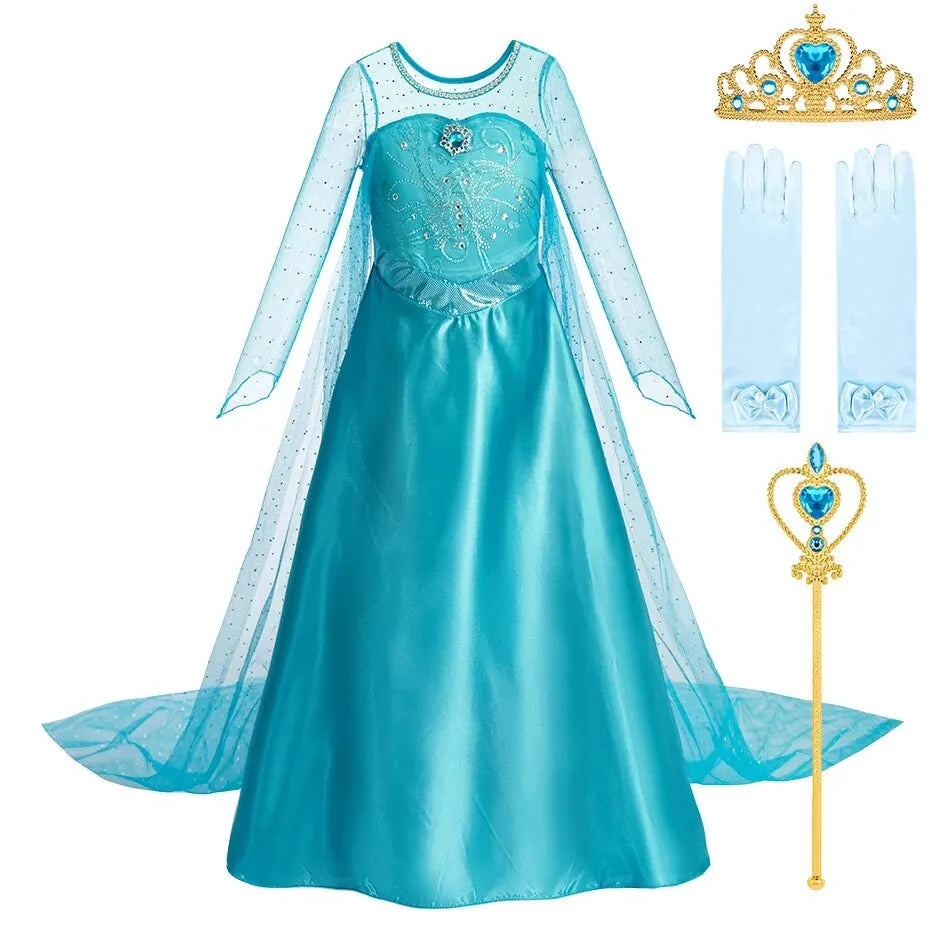 Halloween Elsa Kleid für Mädchen Kinder Party Prinzessin Kostüm Kinder Verkleidung mit langem Umhang Mädchen Schneekönigin Karnevalskleidung