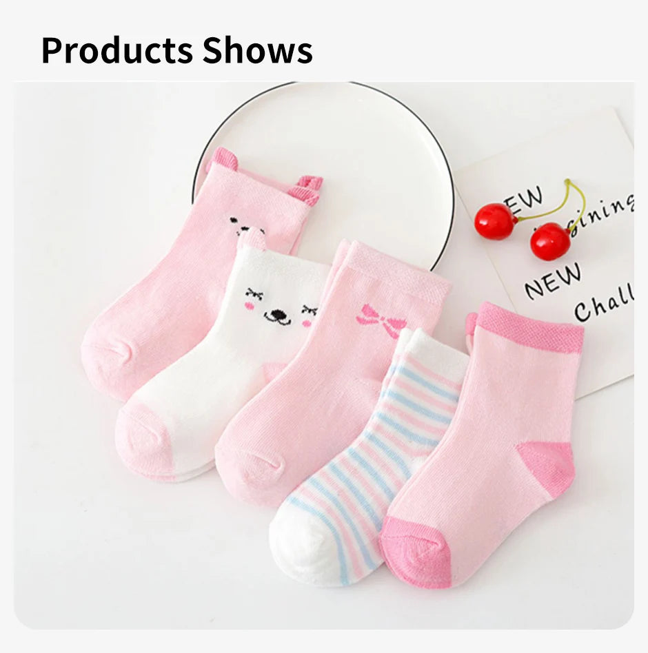 5 Paar Cartoon-Babysocken Frühling Herbst Streifen Punkte Mädchen Jungen Söckchen Weiche Kleinkind Kinder Kurze Socken