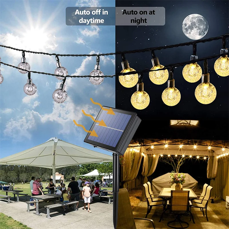 LED Solar Crystal Globe String Lights Warm White Light Outdoor Garden Patio Yard Pathway Party Decorative Fairy Light Waterproof