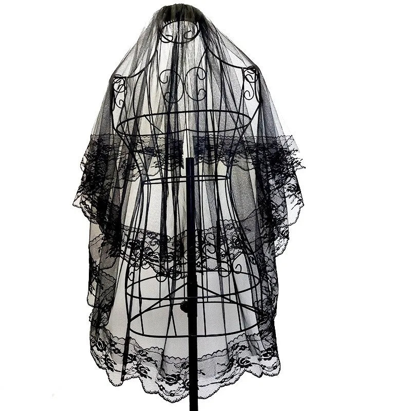 Women Halloween Bridal Wedding Veil with Lace Edge Marriage 2 Tier Tulle Bridal Veils