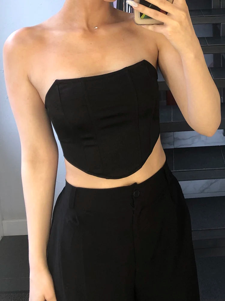 Haut court corset sexy sans manches à épaules dénudées, débardeur féminin, sous-vêtement bustier dos nu uni