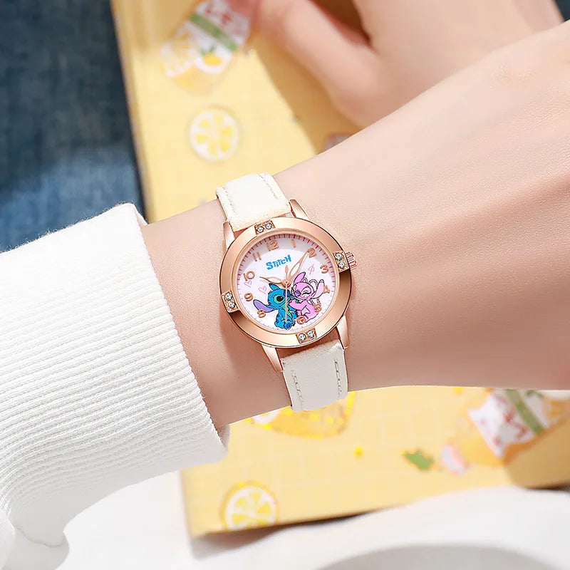 New Cartoon Pattern Stitch Girls Watches for Kids Leather Strap Children Watch with Rhinestone Dial reloj stich Exquisite Gift
