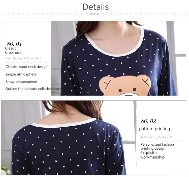 2PCS/Set Women Fashion Long-Sleeved Pajamas Autumn Winter Cartoon Love Bear Cute Soft Loose Casual Omfortable Outside Homewear