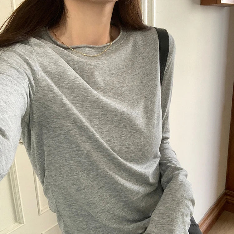 Spring Autumn T shirt Women Tops Solid Long Sleeve Ruched O Neck Tshirts Female Korean Casual Streetwear High Quality Base Tees