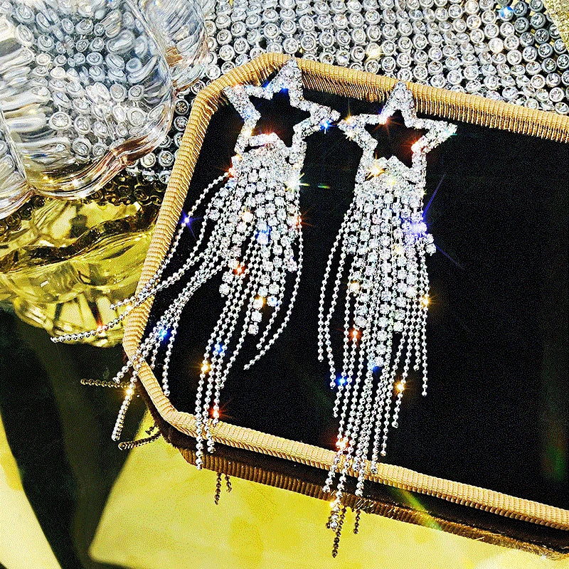 Shiny Crystal Zircon Long Stud Earrings for Women Geometric Hanging Drop Tassel Earring Fashion Party Vintage Pendant Jewelry