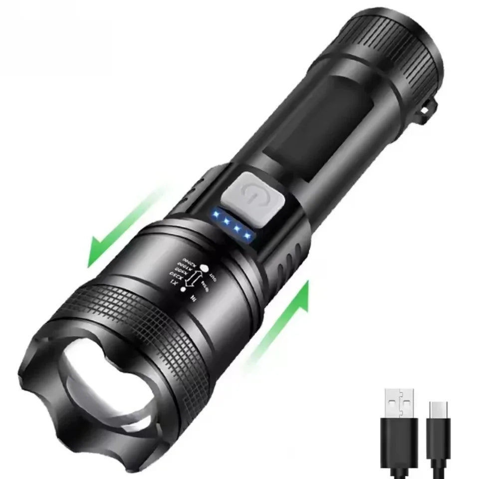 Powerful P70 LED Flashlight Ultra Bright 5000LM Tactical Light with Telescopic Zoom Emergency Spotlight Built-in Battery