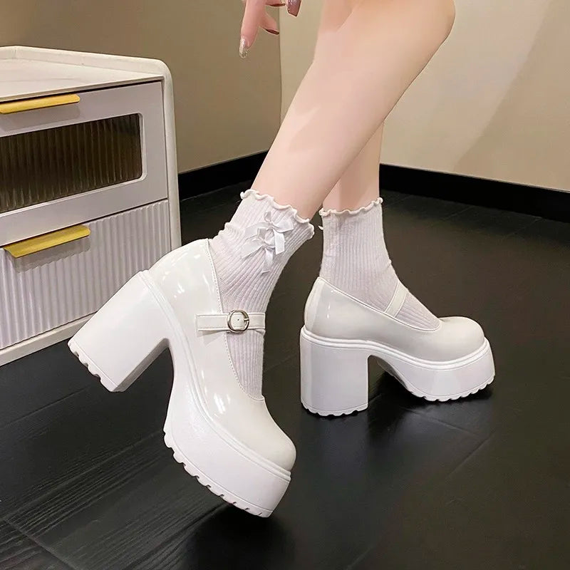 Schwarze Super High Heels Mary Jane Schuhe Damen 2026 Goth Chunky Plateaupumps Damen Übergröße Knöchelschnalle Party Lolita Schuhe 42