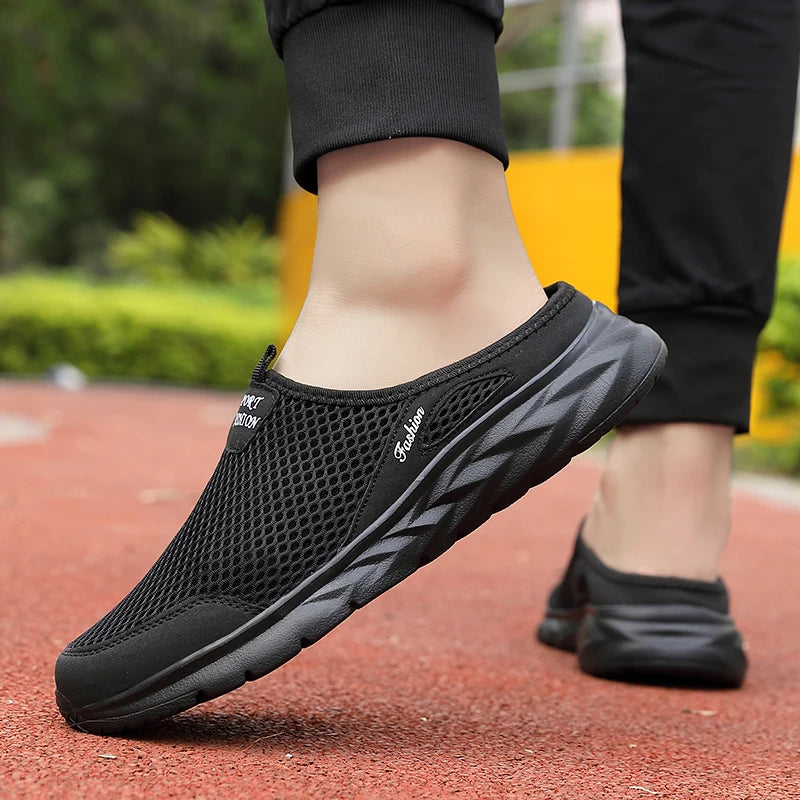 YRZL Mens Half Slippers Summer Breathable Mesh Mens Shoes Outdoor Casual Walking Shoes Large Flat Light Mesh Slippers Sandals - Shoppiline