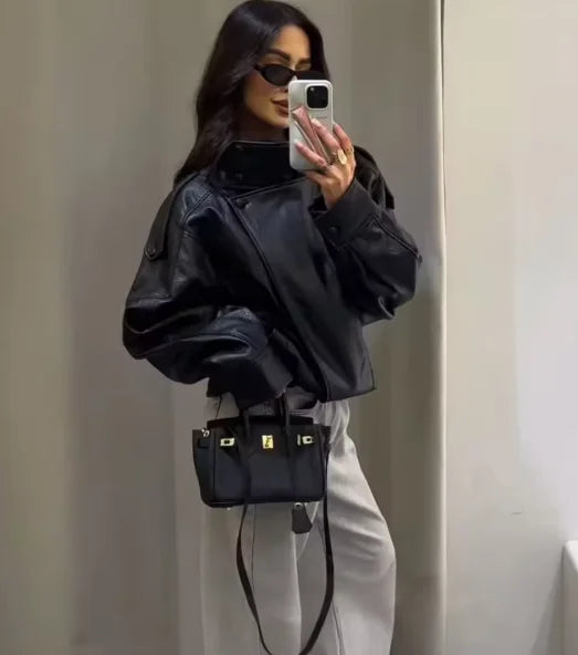 Women's Jacket 2026 Autunm  New Black Long Sleeve Pebble Faux Leather Jacket Motorcycle Style Personality Fashion