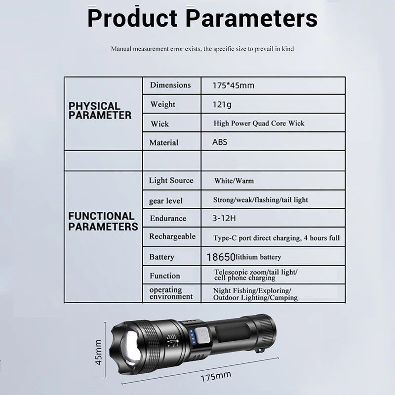 Powerful P70 Led Flashlights 5000LM Ultra Bright Tactical Light Emergency Spotlights Telescopic Zoom Light Builtin 18650 Battery