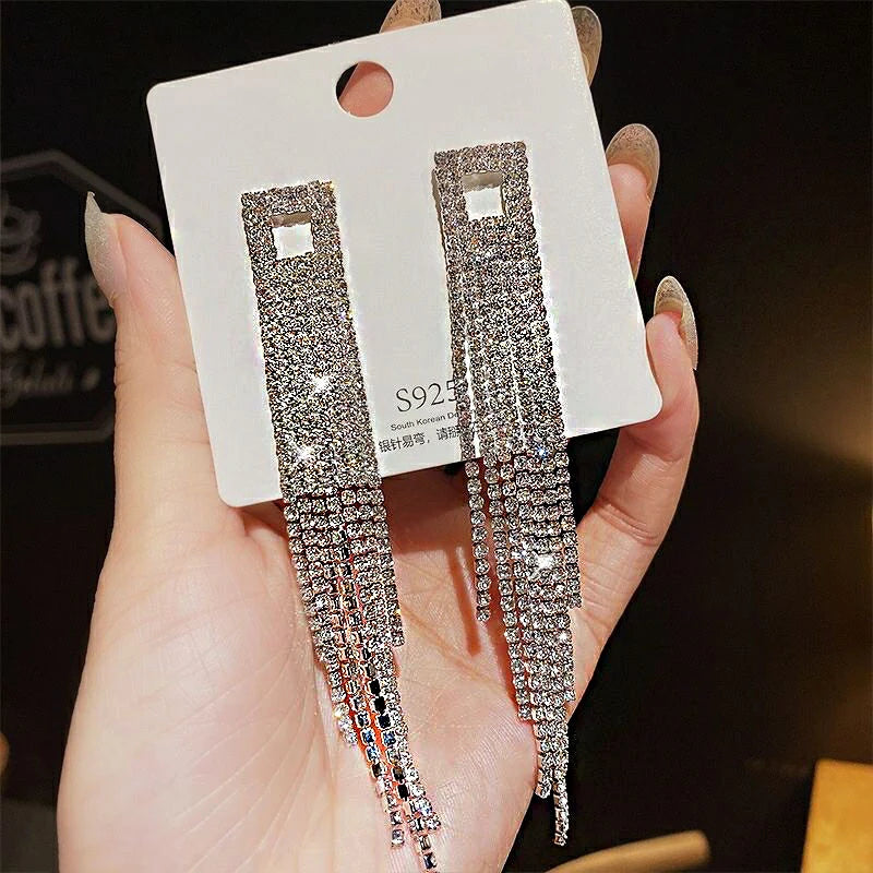 Shiny Crystal Zircon Long Stud Earrings for Women Geometric Hanging Drop Tassel Earring Fashion Party Vintage Pendant Jewelry