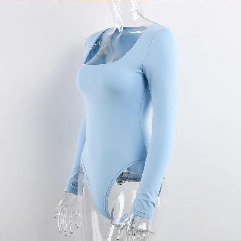 Long Sleeve Bodysuits Spring 2025 Square-Cut Collar Solid Bodycon Elastic Romper Sexy Y2k Women Clothing Fashion Club Party 2520