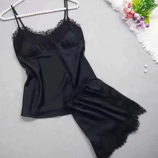 Women Halter Pajamas  Camisole Shorts Home Wear Red Black Sexy Lace Ventilate Classic Summer Thin Pajamas Without Chest Cushion