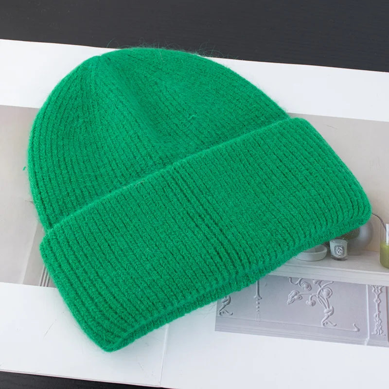 Bonnets d'hiver pour femmes en fourrure de lapin tricotés, bonnets épais à revers, bonnets amples et doux pour le ski.