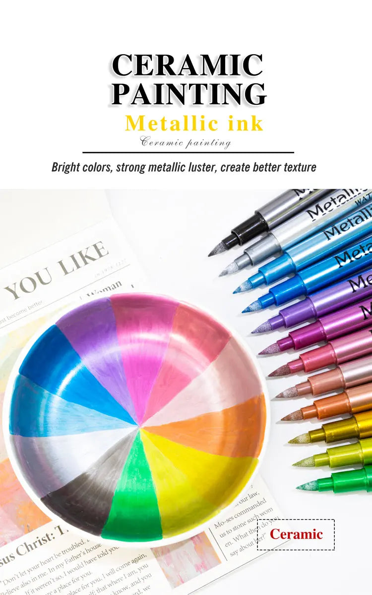 12 Colors Brush Metallic Paint Markers Pens for Rock Painting Stone Ceramic Wood Fabric Pebbles Scrapbook Journals Photo Albums