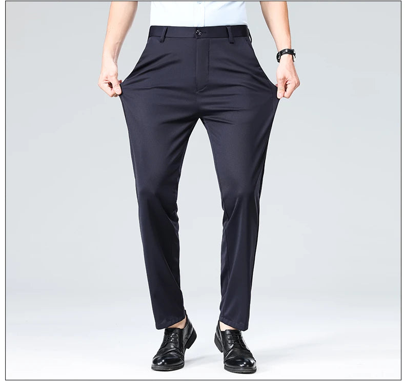 Mens Summer Stretch Straight Leg Business Dress Pants Breathable High Drape Trousers for Business Events