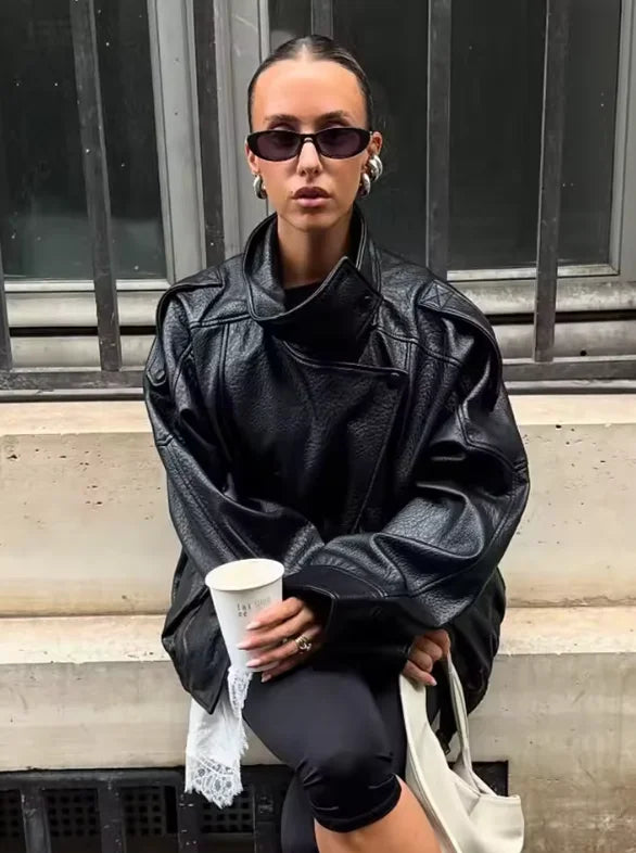 Women's Jacket 2026 Autunm  New Black Long Sleeve Pebble Faux Leather Jacket Motorcycle Style Personality Fashion