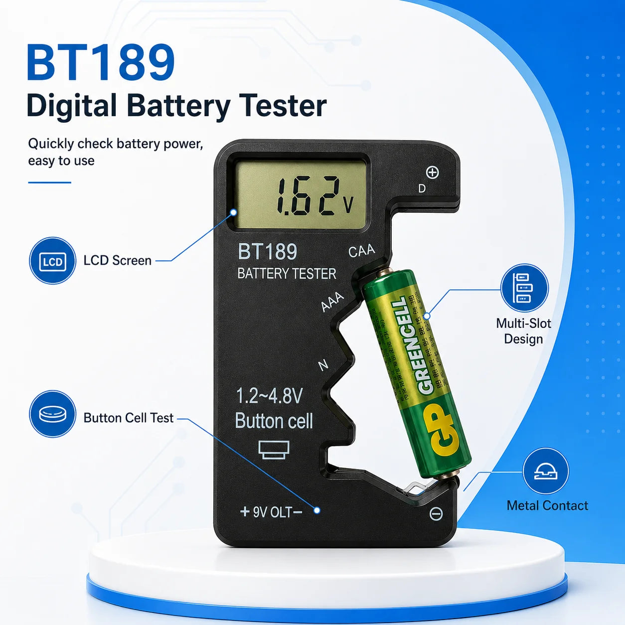 BT189 Digital Battery Tester LCD Voltage Checker for AA AAA C D 9V Button Cell Household Portable Power Measuring Tool Analyzer