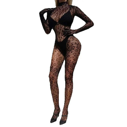 Sexy Lace See Through Bodysuit Long Sleeve Fishnet Jumpsuits Elastic Night Club Jump Suits for Women Sexy Pole Dancing Overalls