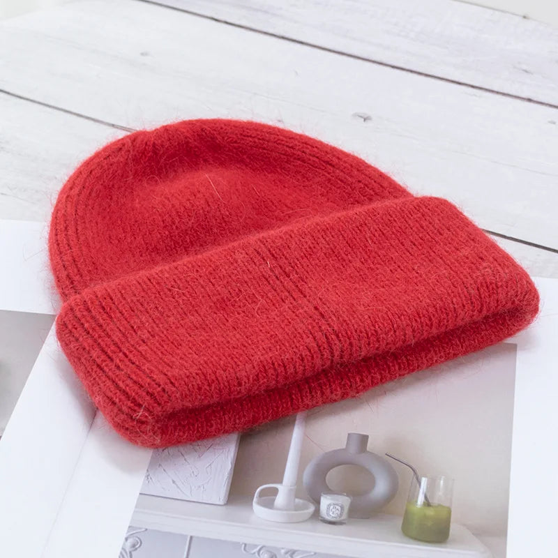 Bonnets d'hiver pour femmes en fourrure de lapin tricotés, bonnets épais à revers, bonnets amples et doux pour le ski.