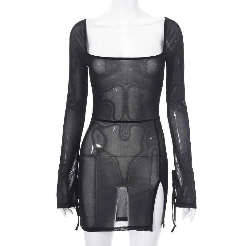 Women's Square Collar Mini Dress Y2K Gauze Long Sleeve Sheer Sexy Night Outfit Clubwear Solid Color