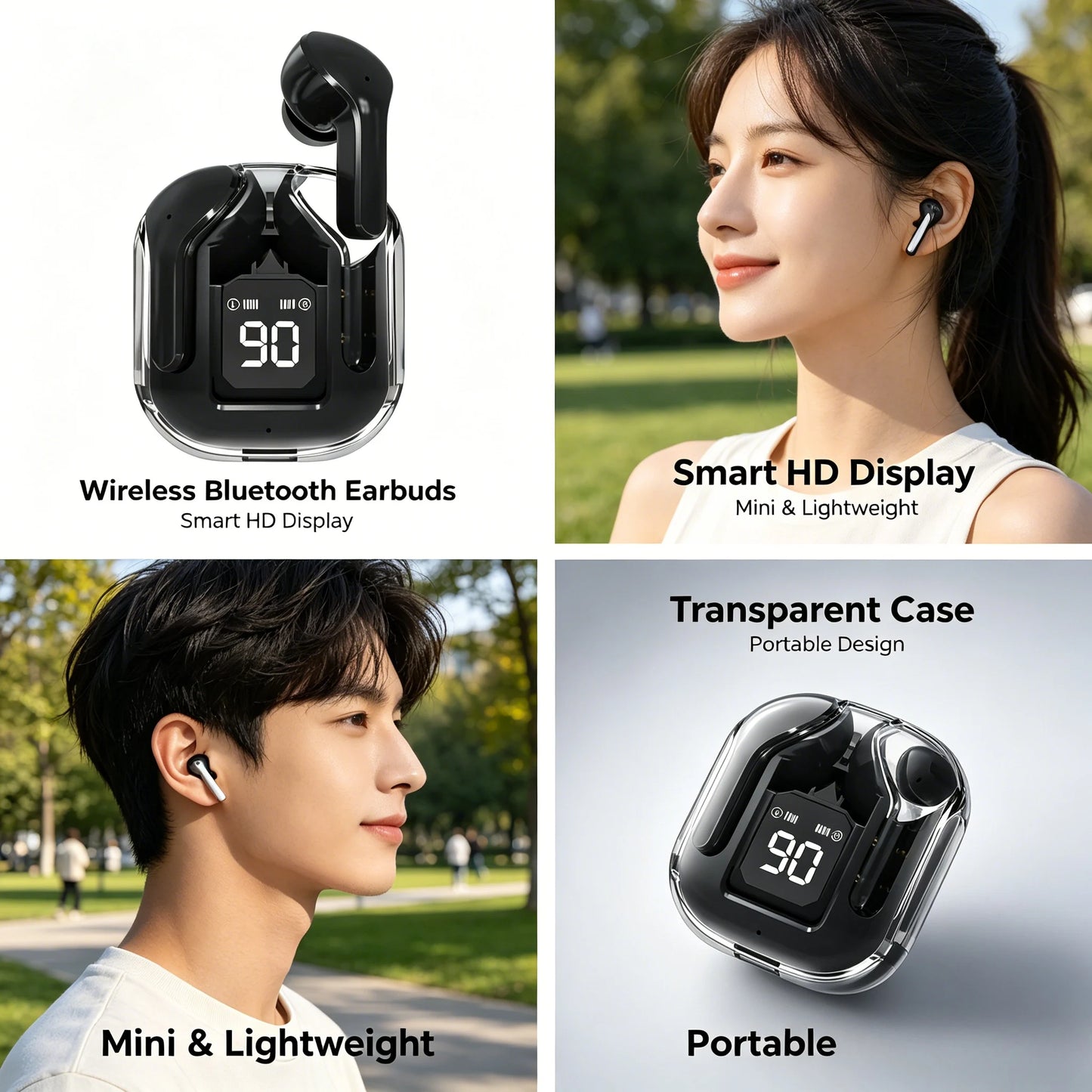 Transparent TWS Bluetooth Earphones Soft Silicone In-ear Design Wireless Sports Gaming Earbuds HiFi Stereo Audio LED Display