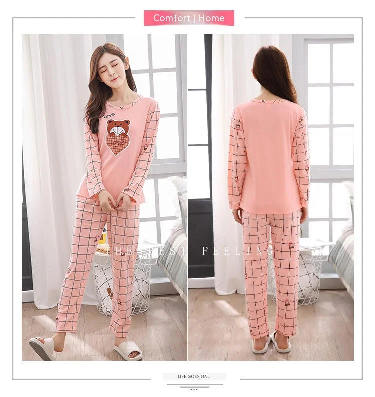 2PCS/Set Women Fashion Long-Sleeved Pajamas Autumn Winter Cartoon Love Bear Cute Soft Loose Casual Omfortable Outside Homewear