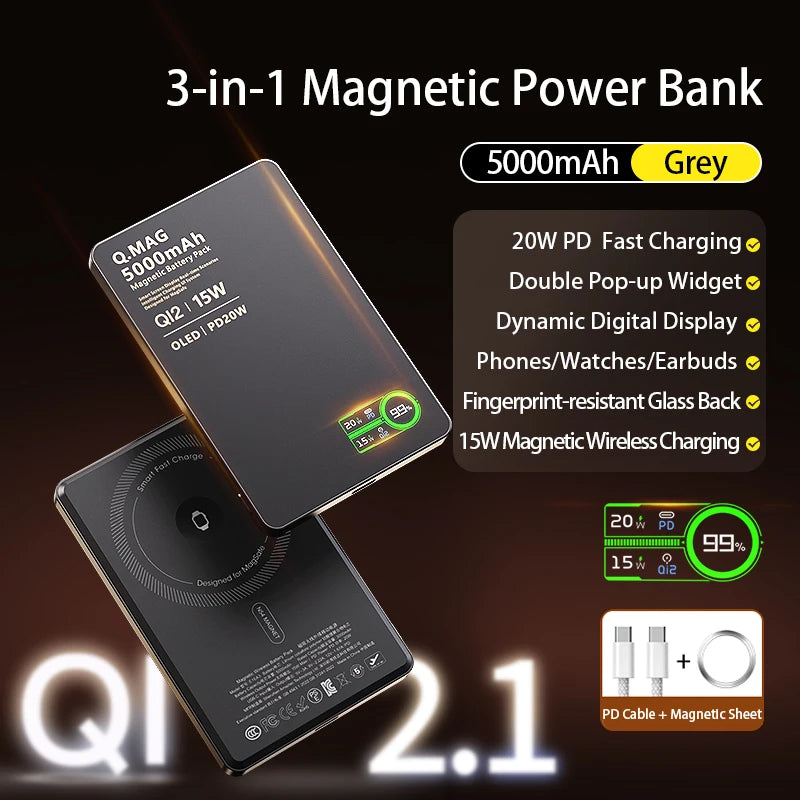 QI 2.1 Magnetic Powerbank Wireless Fast Charing Spare Portable External Battery for iPhone 12-17 Pro Watch Airpods 5000/10000mAh - Shoppiline