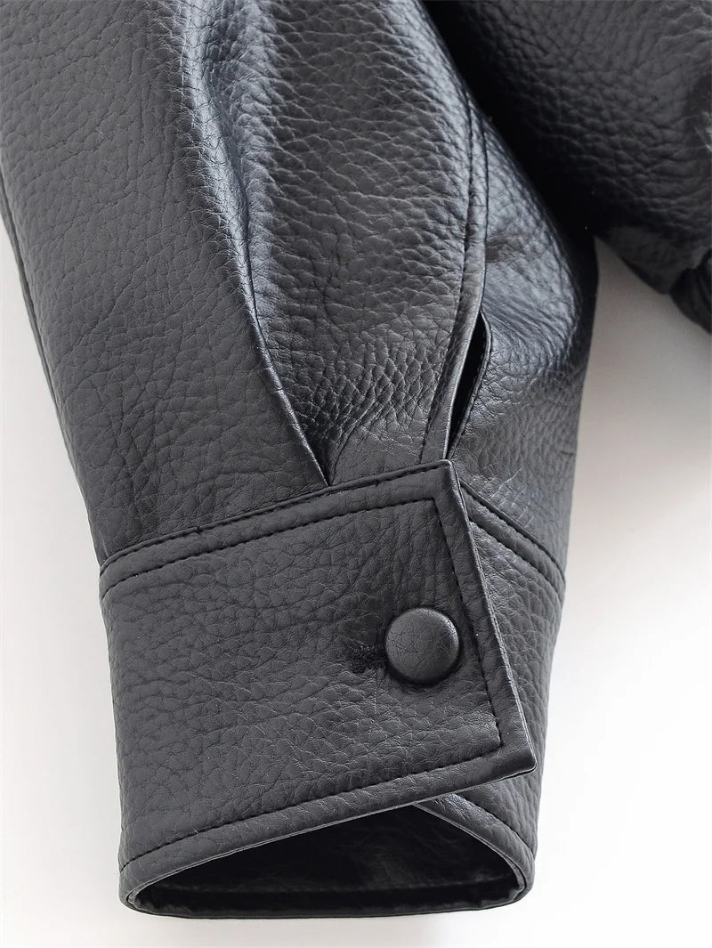 Women's Jacket 2026 Autunm  New Black Long Sleeve Pebble Faux Leather Jacket Motorcycle Style Personality Fashion