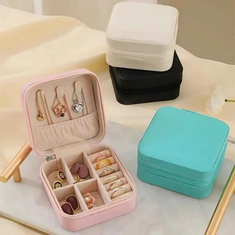 Solid Color PU Leather Material Jewelry Storage Box Travel Earrings Necklace Ring Organizer Case For Travel