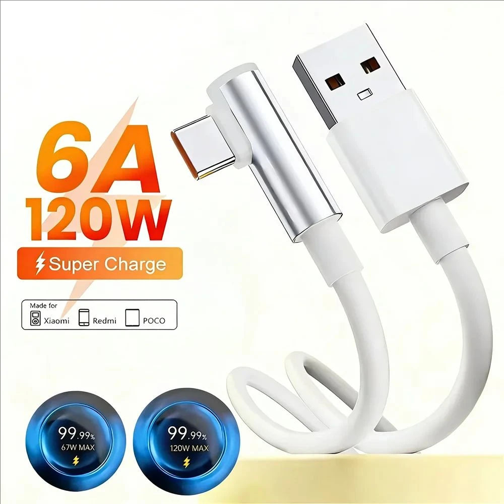 120W Type C Cable 90 Degree Elbow For Xiaomi 12 13 14 15 17 Redmi Note 13 14 15 POCO F7 F8 X5 X6 X7 Pro Quick Charging USB Cable