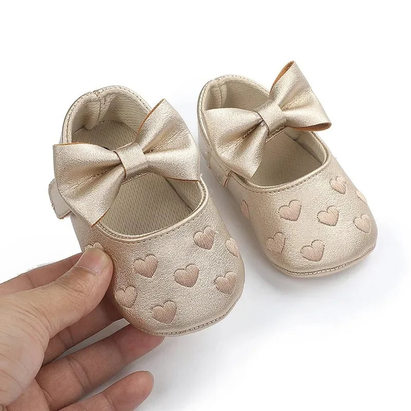 Baby-Mädchen Lauflernschuhe für drinnen 0-18 Monate, weiche Baumwollsohle, rutschfest, mit Schleifenstickerei, Klettverschluss-Schühchen