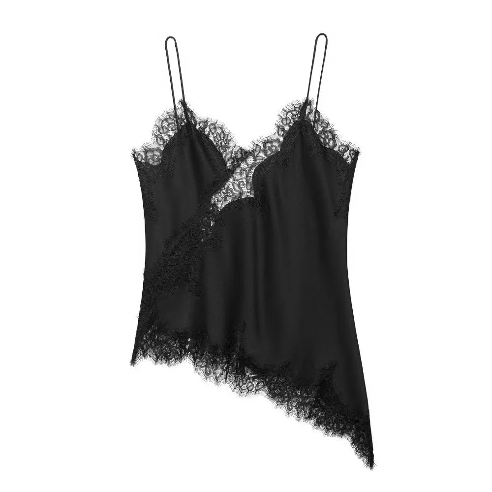 Elegant Asymmetrical Lace Lace Patchwork Top Sleeveless Backless Camisole Tops V Neck Sexy Lace Women tank top Summer Wear
