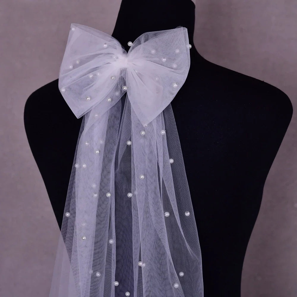 Women Long Ribbon Mesh Bow Hair Clips Elegant Pearls Hairpin White Mesh Hairpins Wedding Party Bride Hair Accessories