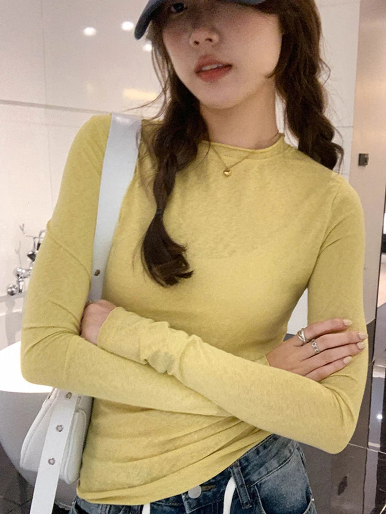 Spring Autumn T shirt Women Tops Solid Long Sleeve Ruched O Neck Tshirts Female Korean Casual Streetwear High Quality Base Tees