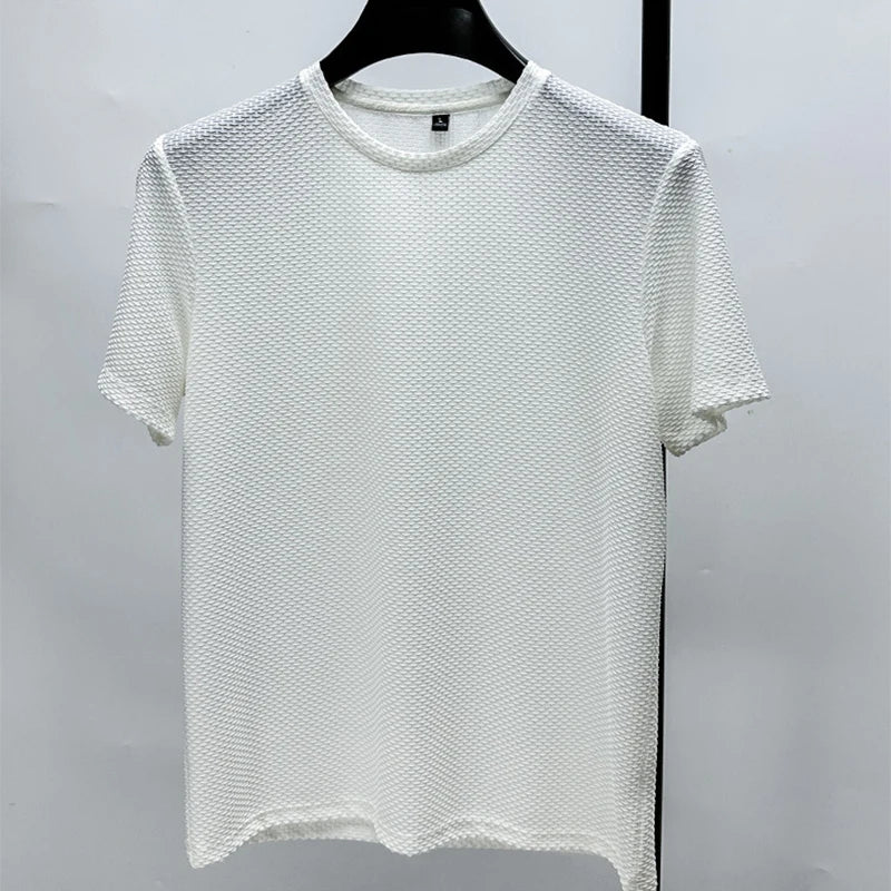 Men's Short Sleeve Mesh Bamboo Ice Silk T-shirt Casual Versatile Summer Elastic Slimming Top for Men