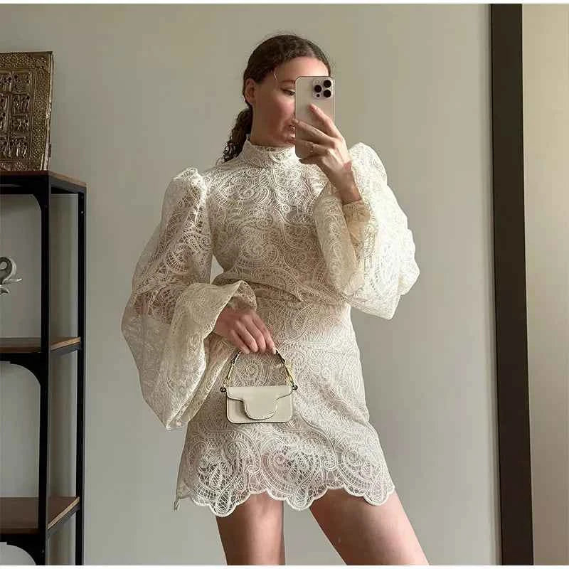 Trendy Lady Hollow Out Lace Mini Dress Elegant 2025 New Long Sleeve Designs Chic High Neck Short Vestidos Autumn Club Night Gown