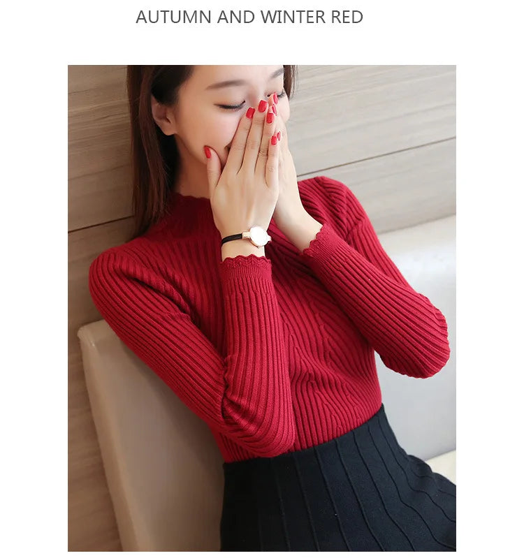 2026 Autumn Women Mock Neck Ruffles Sweater Long Sleeve Knitted Bottoming Solid Pullovers Stripe Women Casual Sweater Winter