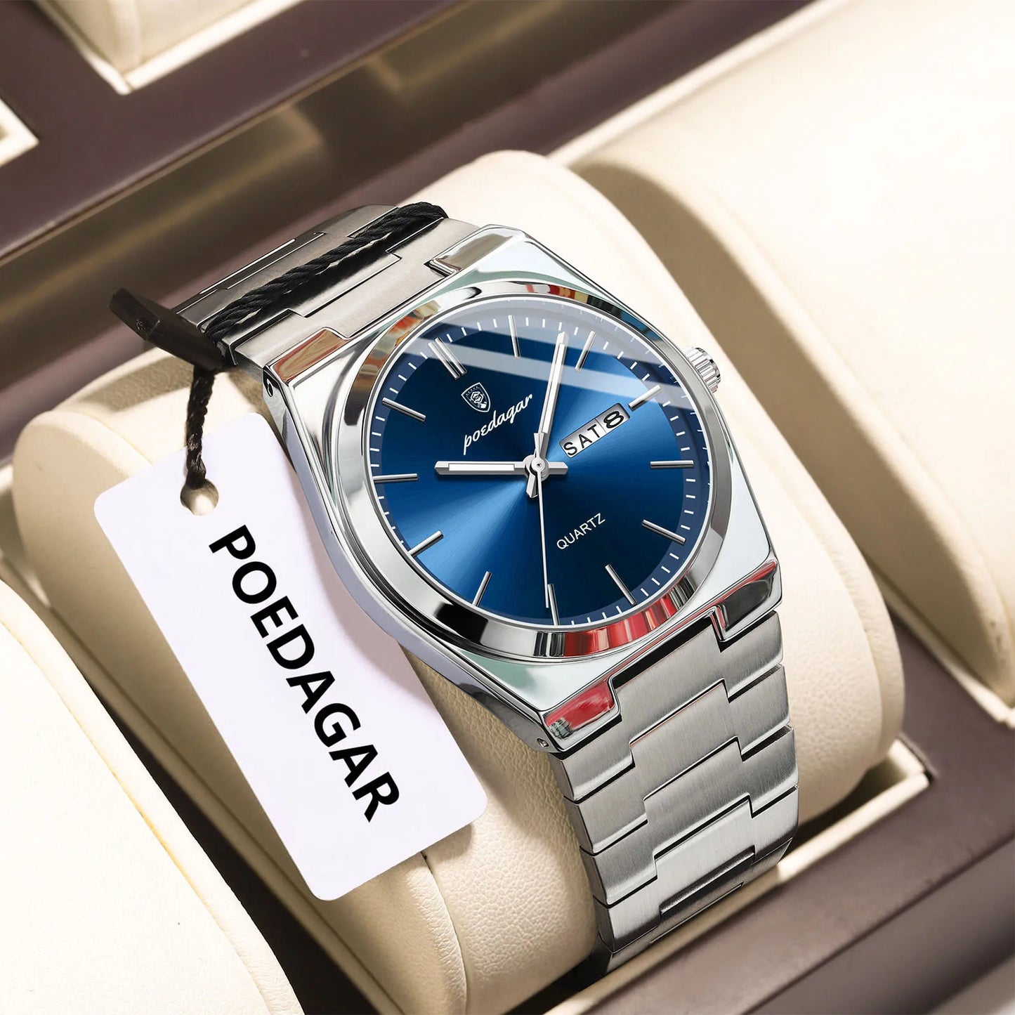 POEDAGAR Mode Klassische Herrenuhr Wasserdichte Leuchtende Datumsanzeige Wochenanzeige Luxus Herrenuhr Edelstahl Quarz Business Herrenuhren
