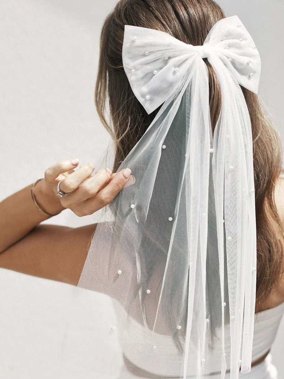 Women Long Ribbon Mesh Bow Hair Clips Elegant Pearls Hairpin White Mesh Hairpins Wedding Party Bride Hair Accessories