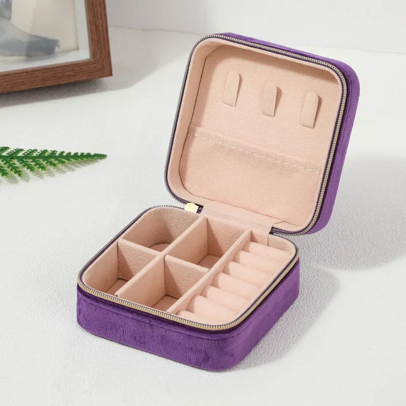 Boîte à bijoux en velours pour femmes, organisateur de colliers, bagues, boucles d'oreilles, étui de rangement portable carré à fermeture éclair